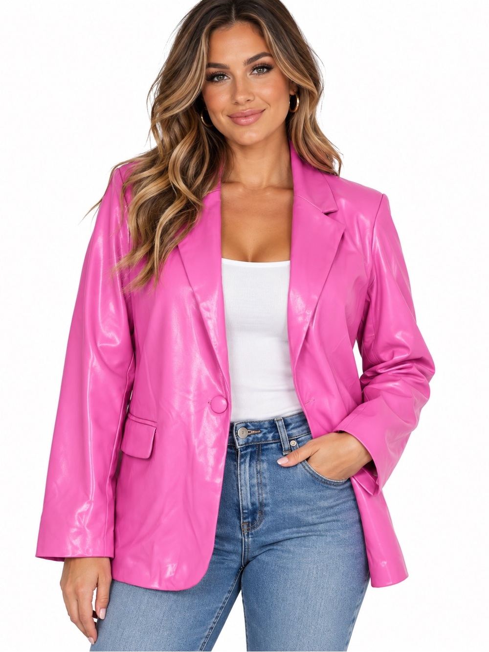 Hausen Hot Pink Faux Leather Blazer Size M | Barbiecore Statement Jacket